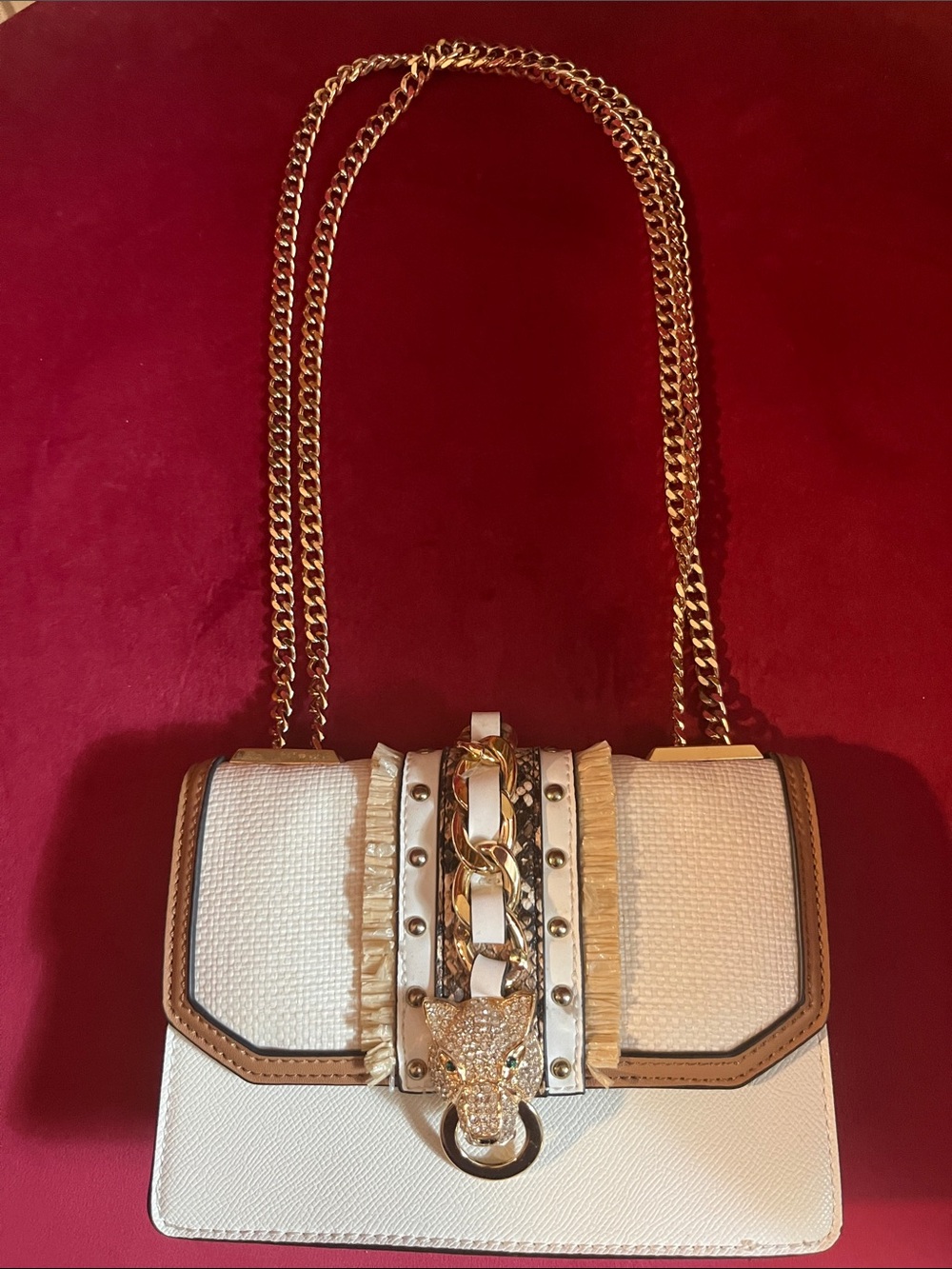 Aldo White Shoulder Bag with Gold Chain and Brown Trim